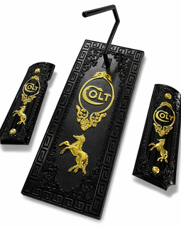 1911 Full Size Colt Black & Gold Luxury Grip Panels – Ambi Cut – Includes Screws & Matching Gun Stand