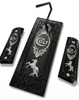 1911 Full Size Colt Black & Silver Luxury Grip Panels – Ambi Cut – Includes Screws & Matching Gun Stand