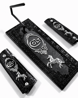 1911 Full Size Colt Black & Silver Luxury Grip Panels – Ambi Cut – Includes Screws & Matching Gun Stand