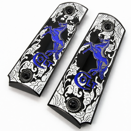 Black Plated Colt 1911 Full Size Metal Grips – Black Enamel & Blue Stallion – Ambi Cut – Matching Screws Included