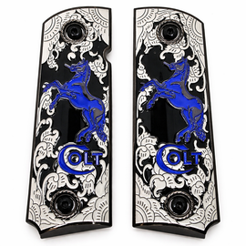 Black Plated Colt 1911 Full Size Metal Grips – Black Enamel & Blue Stallion – Ambi Cut – Matching Screws Included