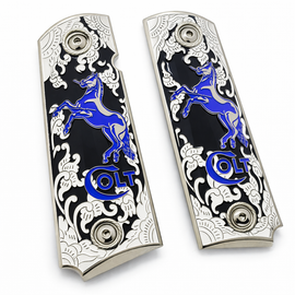 Nickel Plated Colt 1911 Full Size Metal Grips – Emerald White & Blue Stallion – Ambi Cut – Matching Screws Included