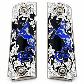 Nickel Plated Colt 1911 Full Size Metal Grips – Emerald White & Blue Stallion – Ambi Cut – Matching Screws Included