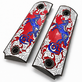 Black Plated Colt 1911 Full Size Metal Grips – Red Enamel & Blue Stallion – Ambi Cut – Matching Screws Included