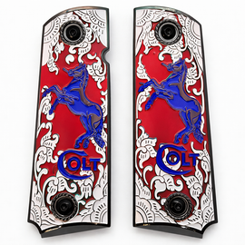 Black Plated Colt 1911 Full Size Metal Grips – Red Enamel & Blue Stallion – Ambi Cut – Matching Screws Included