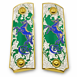 Gold Plated Colt 1911 Full Size Metal Grips – Green Enamel & Blue Stallion – Ambi Cut – Matching Screws Included