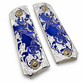 Nickel Plated Colt 1911 Full Size Metal Grips – Emerald Blue Stallion – Ambi Cut – Matching Screws Included