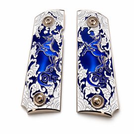 Nickel Plated Colt 1911 Full Size Metal Grips – Emerald Blue Stallion – Ambi Cut – Matching Screws Included