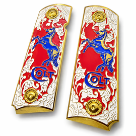 Gold Plated Colt 1911 Full Size Metal Grips – Red Enamel & Blue Stallion – Ambi Cut – Matching Screws Included