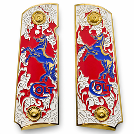 Gold Plated Colt 1911 Full Size Metal Grips – Red Enamel & Blue Stallion – Ambi Cut – Matching Screws Included