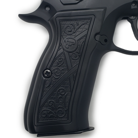 Matte Black CZ-75 / CZ-85 Full-Size Metal Grips – Geometric & Scroll Engraved Design with Matching Screws