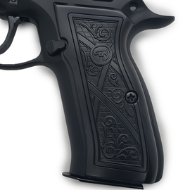 Matte Black CZ-75 / CZ-85 Full-Size Metal Grips – Geometric & Scroll Engraved Design with Matching Screws