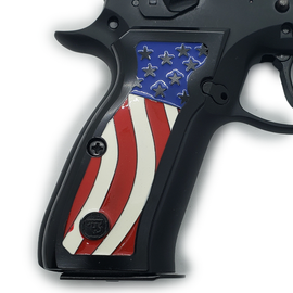 Matte Black CZ-75 / CZ-85 Full-Size Metal Grips – American Flag Design with Enamel Inlay and Matching Screws