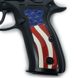 Matte Black CZ-75 / CZ-85 Full-Size Metal Grips – American Flag Design with Enamel Inlay and Matching Screws