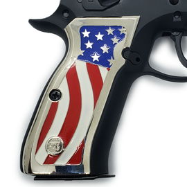 Nickel-Plated CZ-75 / CZ-85 Full-Size Metal Grips – American Flag Design with Enamel Inlay and Matching Screws