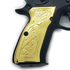 Gold-Plated CZ-75 / CZ-85 Full-Size Metal Grips – Geometric & Scroll Engraved Design with Matching Screws