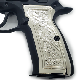Nickel-Plated CZ-75 / CZ-85 Full-Size Metal Grips – Geometric & Scroll Engraved Design with Matching Screws