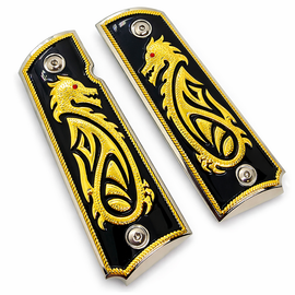 1911 Full Size Metal Grip Panels – Nickel Base Finish with Black Enamel Dragon Design (Ambi Safety Cut)
