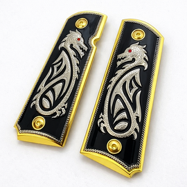 1911 Full Size Metal Grip Panels – Gold Base Finish with Black Enamel Dragon Design (Ambi Safety Cut)