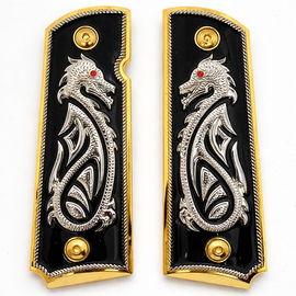 1911 Full Size Metal Grip Panels – Gold Base Finish with Black Enamel Dragon Design (Ambi Safety Cut)