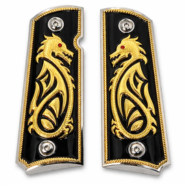 1911 Full Size Metal Grip Panels – Nickel Base Finish with Black Enamel Dragon Design (Ambi Safety Cut)