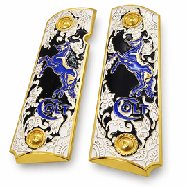 Gold Plated Colt 1911 Full Size Metal Grips – Black Enamel & Blue Stallion – Ambi Cut – Matching Screws Included