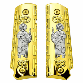 1911 Full Size Government Grips – Gold Nickel St. Jude Metal – Bobtail Round Butt – Ambidextrous Cut – Includes Screws