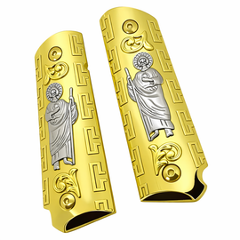 1911 Full Size Government Grips – Gold Nickel St. Jude Metal – Bobtail Round Butt – Ambidextrous Cut – Includes Screws