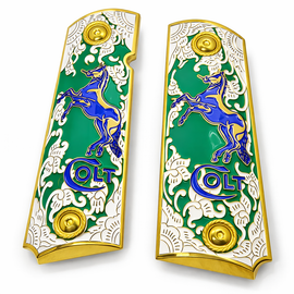 Gold Plated Colt 1911 Full Size Metal Grips – Green Enamel & Blue Stallion – Ambi Cut – Matching Screws Included