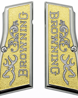 Browning Hi Power / Tisas Regent BR9 Metal Grips – Nickel & Gold Scroll Texture (Includes Screws)