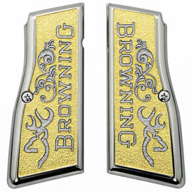 Browning Hi Power / Tisas Regent BR9 Metal Grips – Nickel & Gold Scroll Texture (Includes Screws)