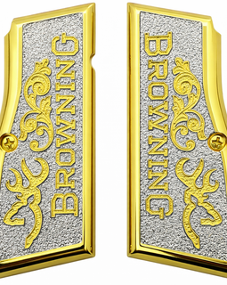 Browning Hi Power / Tisas Regent BR9 Metal Grips – Gold & Nickel Scroll Texture (Includes Screws)