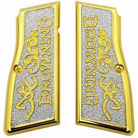 Browning Hi Power / Tisas Regent BR9 Metal Grips – Gold & Nickel Scroll Texture (Includes Screws)
