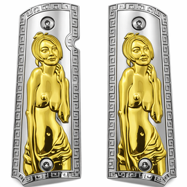 1911 Full Size Metal Grips – Gold Venus Relief w/ Nickel Frame (Ambi Cut + Screws)