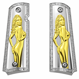 1911 Full Size Metal Grips – Gold Venus Sculpture Relief (Nickel Frame) – Ambi Cut + Screws
