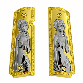 1911 Full Size Metal Grips – Two-Tone Venus Relief (Gold Frame / Nickel Figure) – Ambi Cut + Screws