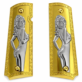 1911 Full Size Metal Grips – Two-Tone Venus Sculpture (Gold Frame / Nickel Figure) – Ambi Cut + Screws