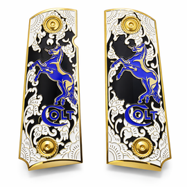 Gold Plated Colt 1911 Full Size Metal Grips – Black Enamel & Blue Stallion – Ambi Cut – Matching Screws Included