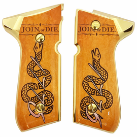 Gold-Edge Metal Grip Panels – “Join, or Die” Colonial Snake Design – Compatible with Beretta 92-Series Frames – Includes 4 Screws