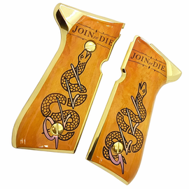 Gold-Edge Metal Grip Panels – “Join, or Die” Colonial Snake Design – Compatible with Beretta 92-Series Frames – Includes 4 Screws