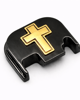 Glock Rear Cover Plate – Solid Steel – Cross Design  Compatible with Glock Gen 1–5 Black Gold