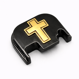 Glock Rear Cover Plate – Solid Steel – Cross Design  Compatible with Glock Gen 1–5 Black Gold