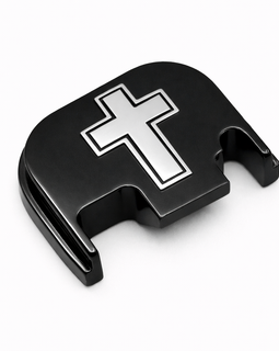 Glock Rear Cover Plate – Solid Steel – Cross Design  Compatible with Glock Gen 1–5 Black Nickel