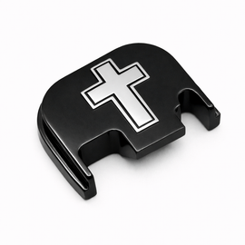 Glock Rear Cover Plate – Solid Steel – Cross Design  Compatible with Glock Gen 1–5 Black Nickel
