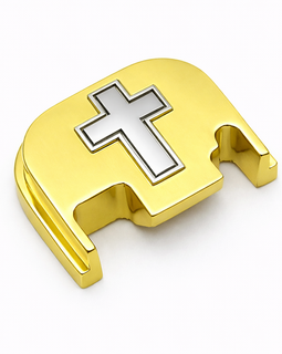 Glock Rear Cover Plate – Solid Steel – Cross Design  Compatible with Glock Gen 1–5 Gold Nickel