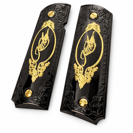 Kimber 1911 Full Size Metal Grip Panels – Gold Black Finish Ambidextrous Safety Cut • Includes Screws (Copy)
