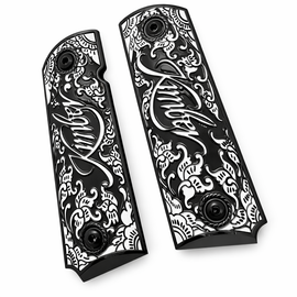 1911 Full-Size Metal Grips – Black & White Floral Scroll – Fits Kimber 1911 & Government/Commander Models