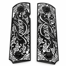 1911 Full-Size Metal Grips – Black & White Floral Scroll – Fits Kimber 1911 & Government/Commander Models