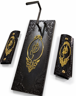 1911 Full Size Kimber Black & Gold Luxury Grip Panels – Ambi Cut – Includes Screws & Matching Gun Stand