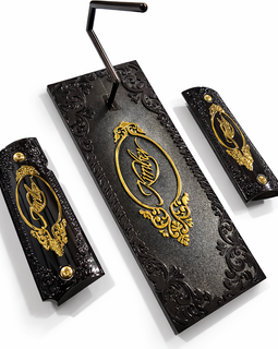 1911 Full Size Kimber Black & Gold Luxury Grip Panels – Ambi Cut – Includes Screws & Matching Gun Stand